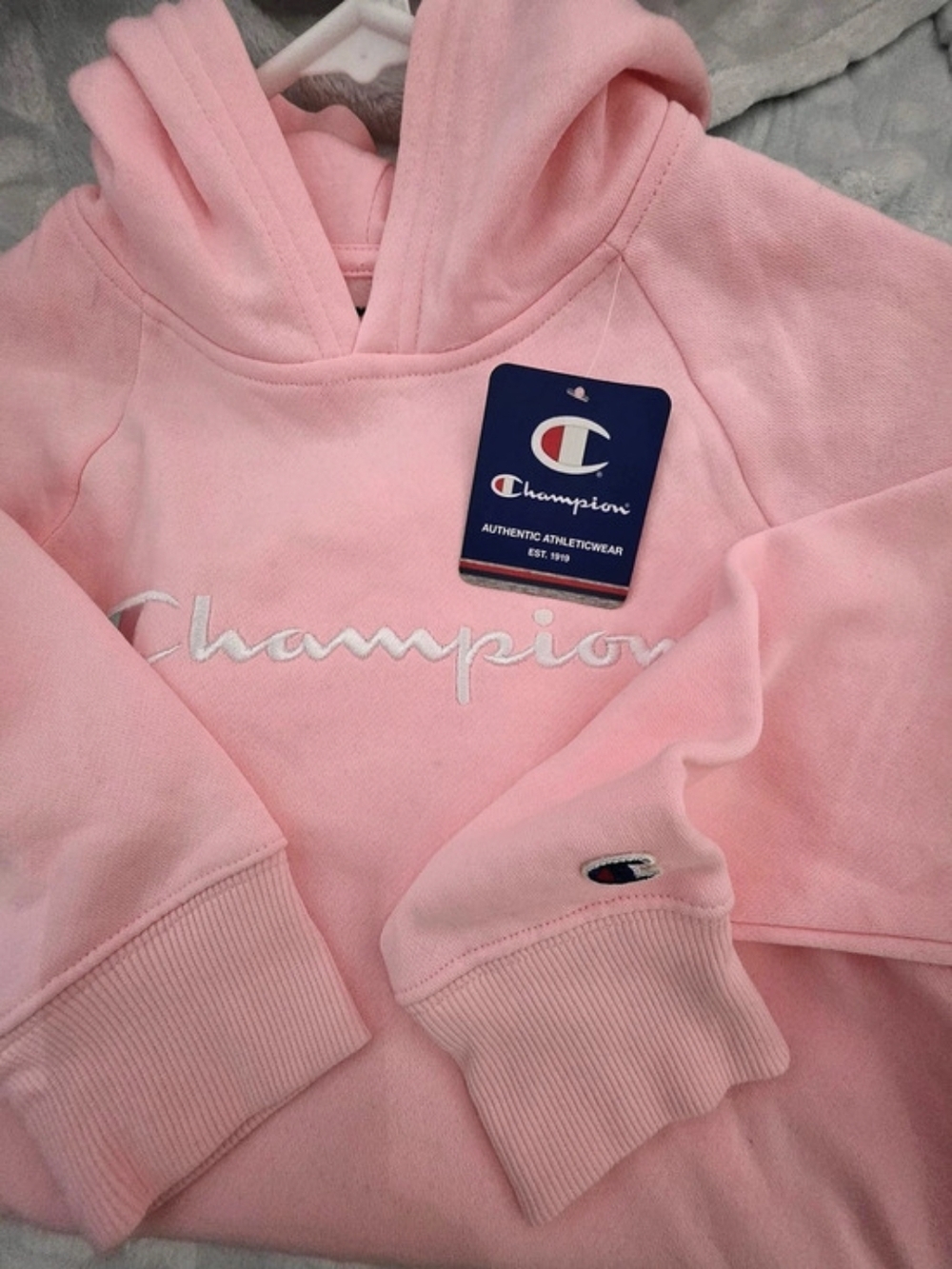 Champion Script Logo Fleece Pullover Hoodie Pink Medium